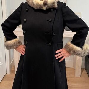 Custom made wool black women’s long coat  with mink collars 
Size 10 or Med